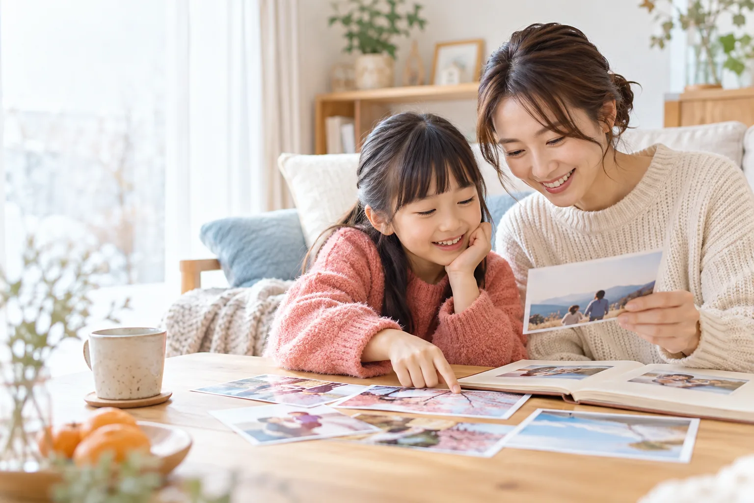 親子でプリント写真とアルバムを見る様子