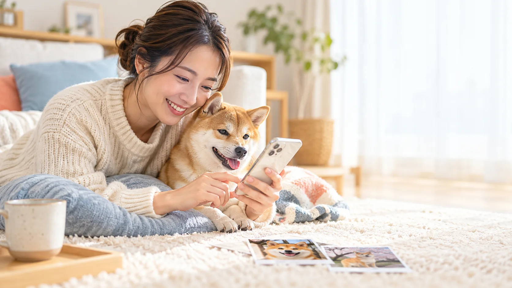 愛犬の写真を見る女性